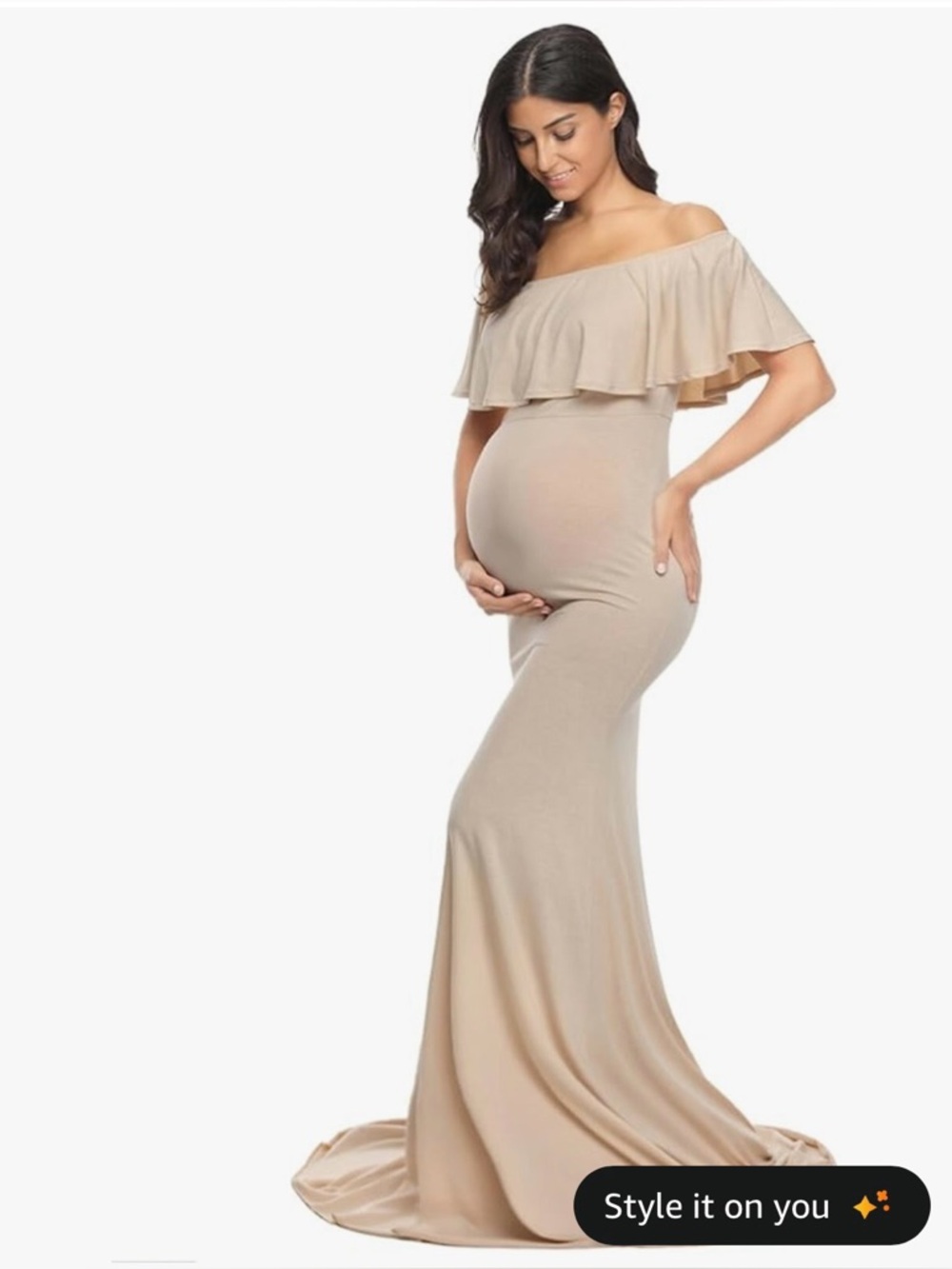 Off-Shoulder Beige Maternity Maxi Dress